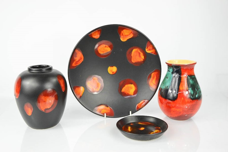 A group of Poole pottery; Galaxy ginger vase, 16cm high, dish 15cm diameter and trinket tray 13cm