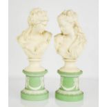 A pair of 19th century Parian ware female busts, raised on pale green plinths, 30cm high.
