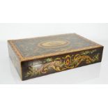 A 19th century walnut, kingwood and satinwood hand painted box, the central oval depicting woman and