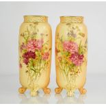 A pair of blush ivory Worcester vases, fine porcelain, painted with flowers, numbered 1908, 23cm