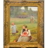A 19th century continental school oil on panel depicting harvesting scene with woman and children to