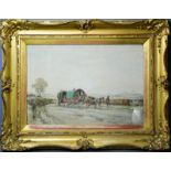 Robert Eadie RSW, horse drawn gypsy caravan on a country road, watercolour, signed, 35 by 52cm.