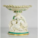 A 19th century Copeland Spode comport, modelled with cherub group, with turquoise borders. 30cms