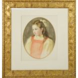 A late 19th / early 20th century watercolour depicting a young girl, the oval measures 23 by 18cm.