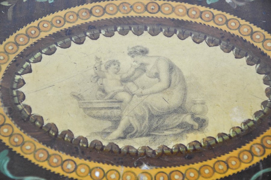 A 19th century walnut, kingwood and satinwood hand painted box, the central oval depicting woman and - Image 5 of 5