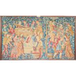 A large 20th century tapestry depicting a figural scene, the frame bearing a brass plaque 'Facsimile