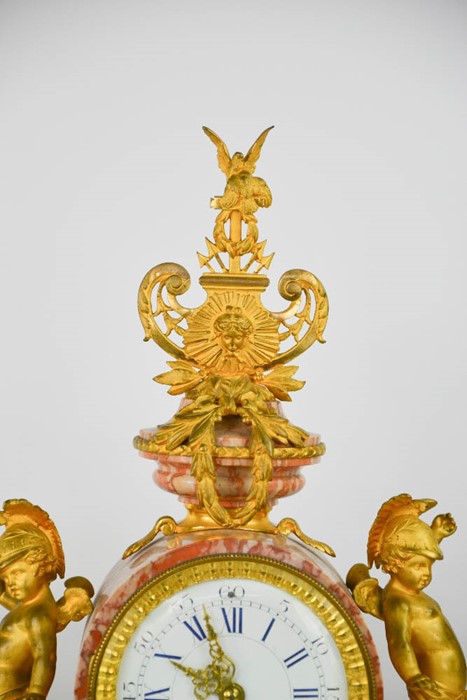 A 19th century French gilt metal and pink marble clock garniture, stamped H & F Paris, the clock - Image 2 of 4