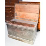 A George III oak tool chest, with interior drawers. 56cms tall x 88cms wide x 54cms deep