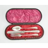 A silver plated christening set, comprising spoon, knife and fork, in a presentation box.