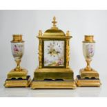 A 19th century French clock garniture by Japy Freres, with hand painted porcelain panels, the