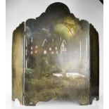 A Victorian fire screen, inlaid with mother of pearl and painted with a house in moonlight, 86 by 92