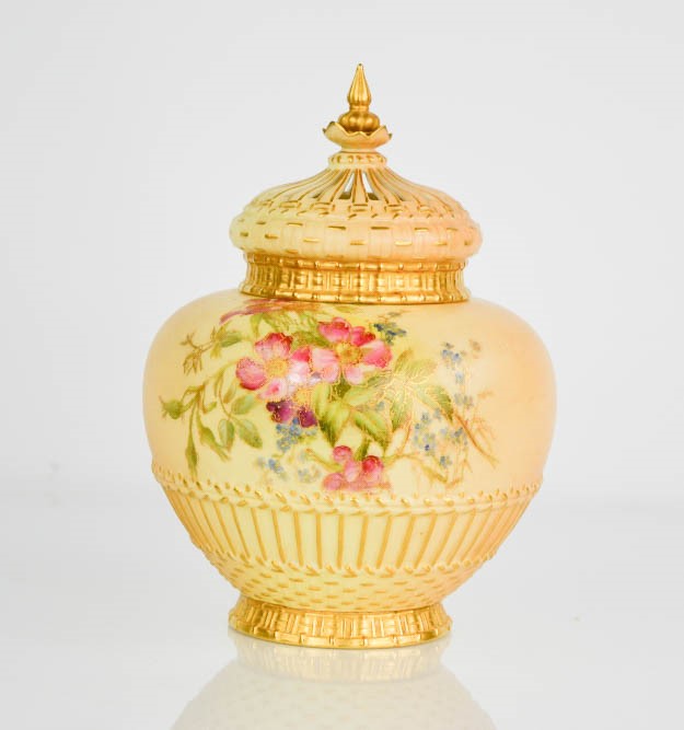 A Royal Worcester pot pourri vase and cover, in blush ivory, decorated with flowers, numbered