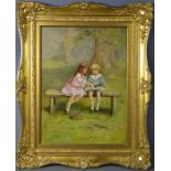 Eva Hollyer (1865-1948) Storytime; Children on a park bench, oil on canvas, signed, 51 by 38cm.