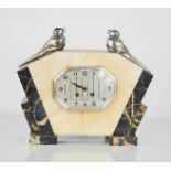 An Art Deco Jean Emiliney marble cased mantle clock, with pewter birds flanking the dial. 29cms tall