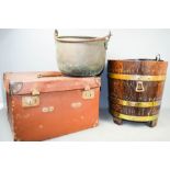 Vintage travelling case together with a coopered brass bound bucket.