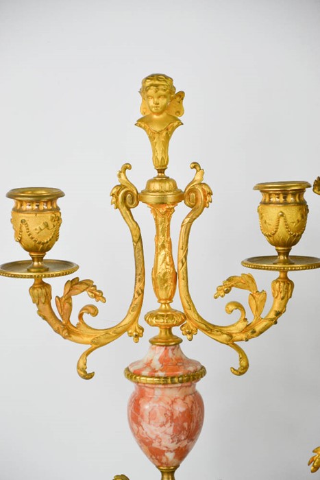 A 19th century French gilt metal and pink marble clock garniture, stamped H & F Paris, the clock - Image 4 of 4
