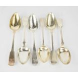 Five silver serving spoons and a silver plated example, engraved with various monograms,10.32toz.