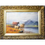 J.D. Laddell, highland cattle in a Scottish Highlands, with cottages, oil on canvas, signed, 41 by