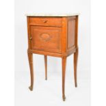 A French walnut and marble bedside table / pot cupboard, with drawer above a cupboard door. 79cms