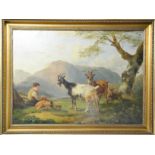 An 18th century oil on canvas depicting a goat herd and kids resting in landscape, signed and