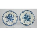 A pair of Royal Worcester 18th century pine cone pattern dishes, in blue and white. 15cms diameter