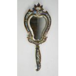 A French champleve brass and enamel hand mirror, 26cm high.