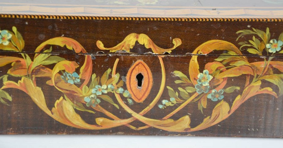 A 19th century walnut, kingwood and satinwood hand painted box, the central oval depicting woman and - Image 4 of 5