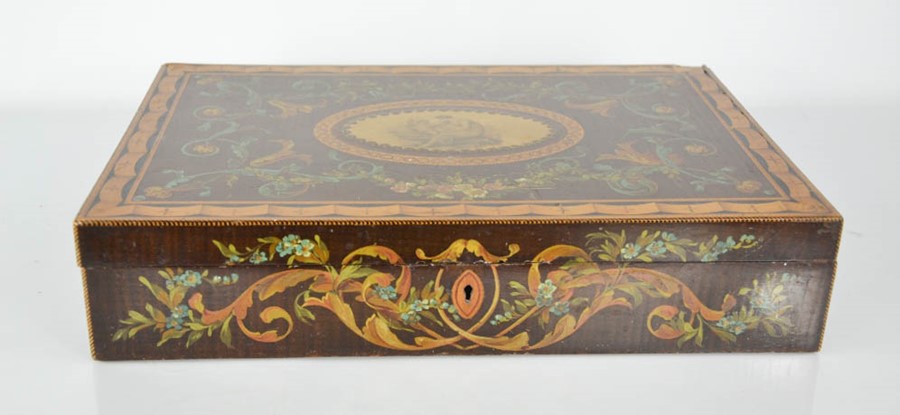 A 19th century walnut, kingwood and satinwood hand painted box, the central oval depicting woman and - Image 2 of 5