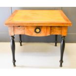 A 19th century inlaid draw leaf table, with a green leather top, two drawers and raised on turned