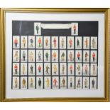 A framed set of cigarette cards, Players military uniforms of the British empire overseas, 54 by