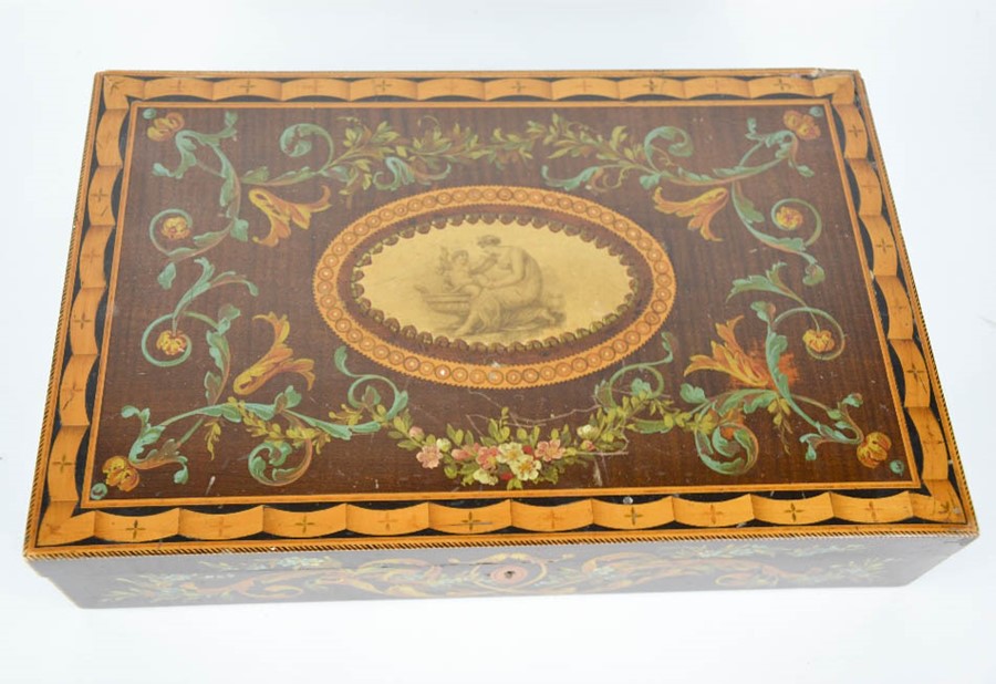 A 19th century walnut, kingwood and satinwood hand painted box, the central oval depicting woman and - Image 3 of 5