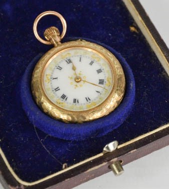 A ladies 9ct gold pocket watch, with Roman numeral dial decorated with gilding, the case engraved,