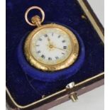 A ladies 9ct gold pocket watch, with Roman numeral dial decorated with gilding, the case engraved,