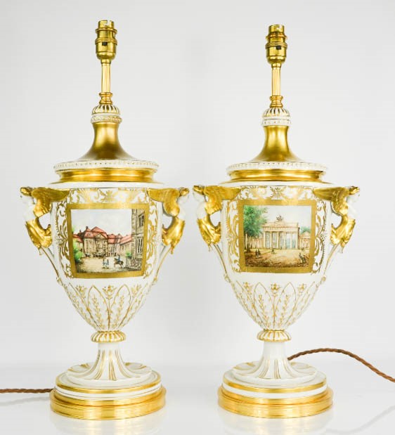 A pair of French late 19th / early 20th century vases, converted to electric, modelled with satyr