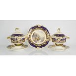 A pair of Bloor Derby tureens and stands, together with a matching plate, circa 1830, each hand