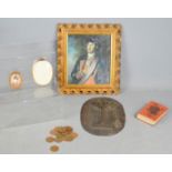 Two Victorian oval photograph frames, a wooden plaque carved with a coconut tree, a framed