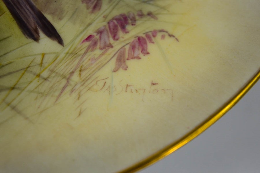 A Royal Worcester tazza painted with a Bullfinch and signed James Stinton 1912. 6cms tall x 24cms - Image 3 of 4