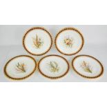 A set of five Royal Worcester plates, hand painted with flowers. 23cms diameter