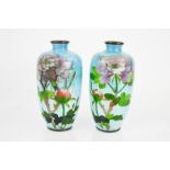 A pair of Japanese champleve vases, depicting peonies on a blue ground, one A/F, 12m high.