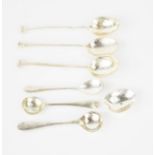 Three silver coffee spoons and three plated mustard spoons, 0.77toz.
