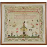 A 19th century sampler, depicting a monument, birds, animals, and initialled E.J. 31 by 32cm.