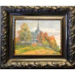 Gerald Moira, landscape with church, oil on board, signed and dated '24, 24 by 32cm.