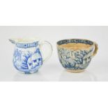 A small Victorian blue and white jug depicting cottage and bridge over a river, together with a