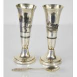 A pair of white metal niello work bud vases, and an 800 grade silver filigree spoon, 6.29toz total.