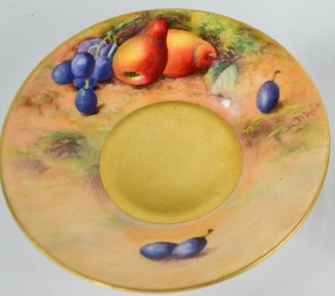 A Royal Worcester coffee can and saucer, hand painted with fruits, signed Hale, with gilded - Image 2 of 2