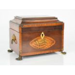 A 19th century marquetry inlaid box, with twin lion head handles, raised on paw feet, and the