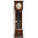 A late 19th / early 20th century mahogany grandmother clock, with silvered Roman Numeral dial,