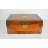 A 19th century walnut and rosewood box, with brass plaque to the top, and a red silk lined lid, 13
