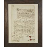 A handwritten deed dated 1697, signed Johnson and Springold with seals, bearing watermark to the