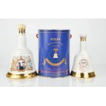 Three Bells commemorative whisky bottles with contents, including 1988 Princess Beatrice, 1982 Birth